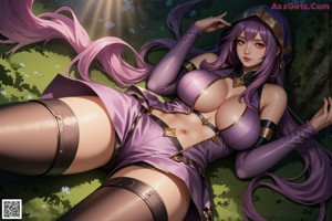 A woman with long purple hair wearing a black outfit.