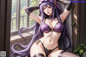 A woman in a purple bikini sitting by a window.