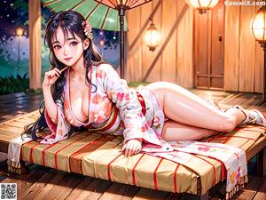 A woman in a kimono sitting on the floor.