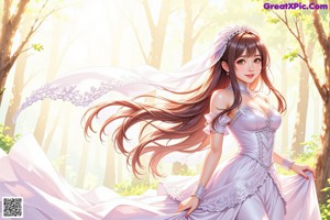 A woman in a wedding dress standing in a forest.