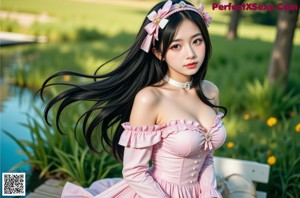 A woman in a pink dress with a flower in her hair.