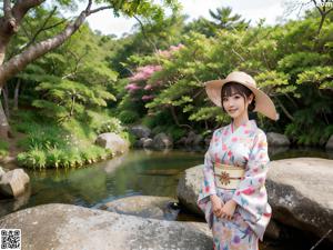 A woman in a kimono posing on a bed.