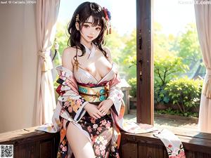 A woman in a kimono sitting on a couch.