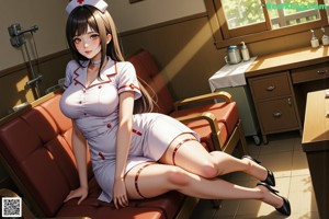 A woman in a nurse uniform sitting on a hospital bed.