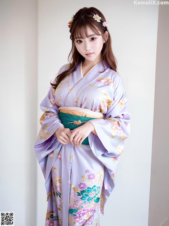 A woman in a purple kimono posing for a picture.