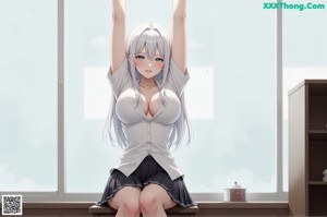 Anime girl in a school uniform sitting on a bed.