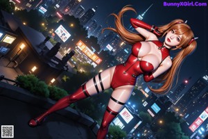 A woman in an orange bikini posing in front of a city.