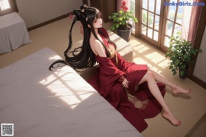 A woman with long black hair styled in buns, wearing a white shirt, sitting on a wooden bench.