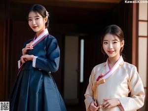 A woman in a yellow and white hanbok poses for a picture.