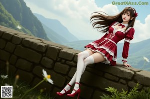 a woman in a red and white dress posing for a picture