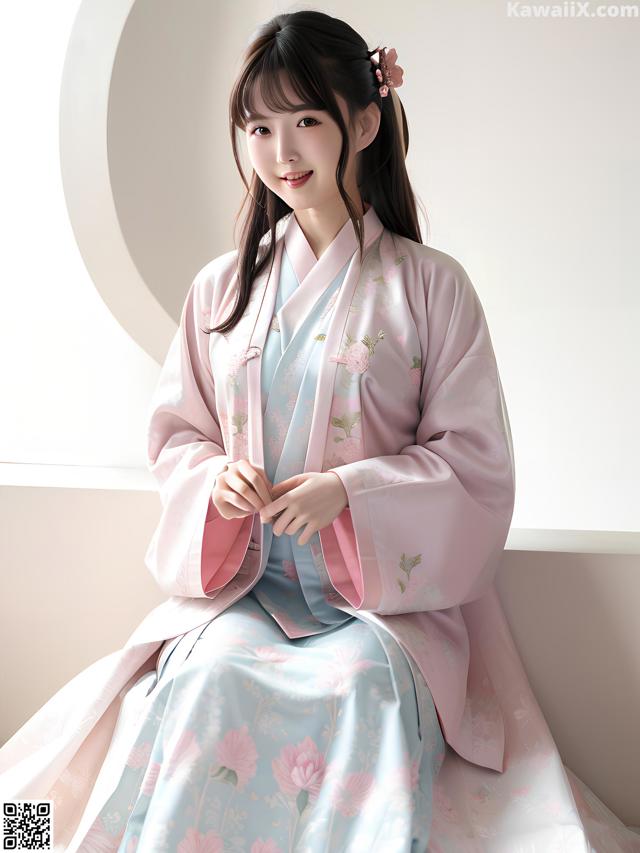 A woman in a pink and blue hanbok sitting on a window sill.