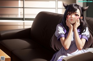 A naked woman sitting on a couch next to a window.