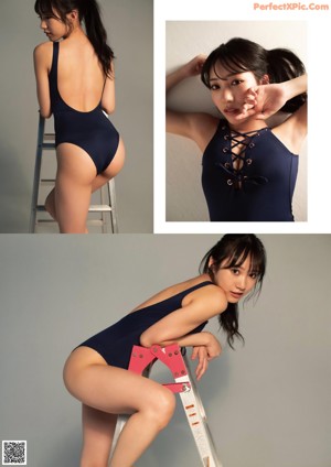 A woman in a gold bikini posing for a magazine cover.