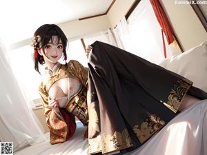 A woman in a yellow kimono standing in front of a window.