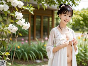 A woman in a white dress is posing for a picture.