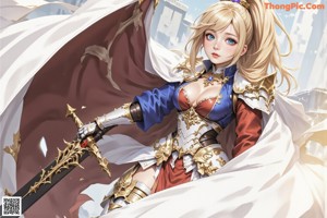 A woman in armor holding a sword in front of a city.