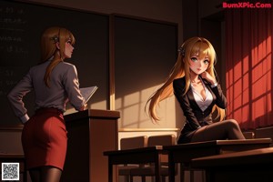 A woman in a skirt and blazer posing in a classroom.