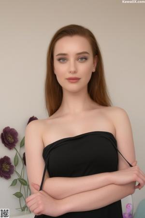 A woman in a black lingerie sitting on a bed.