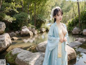 A woman in an orange shirt and white skirt posing by a pond.