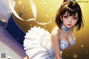 A woman in a blue and white outfit is dancing in the snow.