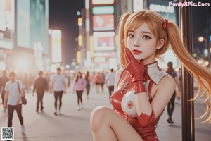 A woman in a red latex outfit is posing for a picture.