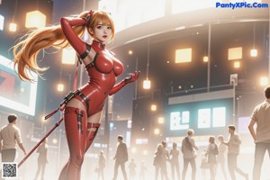 A woman in a red latex outfit is posing in the middle of a city.
