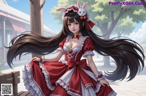 A woman in a red and white dress posing for a picture.