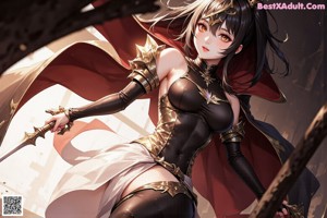 A woman in a black and red outfit posing for a picture.