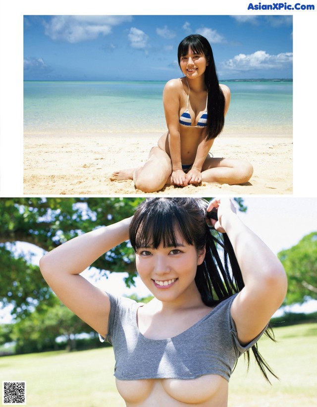 A woman in a bikini sitting on a beach.