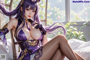 A woman in a purple dress and purple gloves posing for a picture.