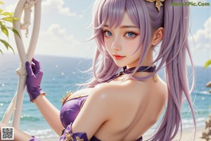A woman in a purple and white outfit standing next to a pool.