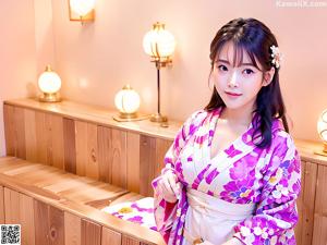 A woman in a pink kimono sitting on a wooden table.