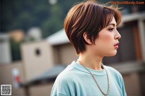 A woman in a red jacket is looking up at the sky.