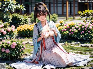 A woman in a blue and white dress standing in a park.