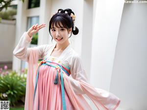 A woman in a pink and blue hanbok is posing for a picture.