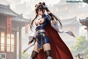 A woman in traditional attire stands on steps, wearing boots and gloves, with a scenic background.