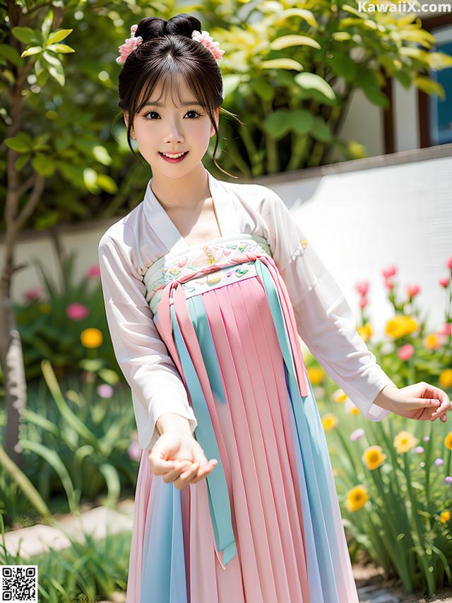 A woman in a pink and blue hanbok standing in a garden.