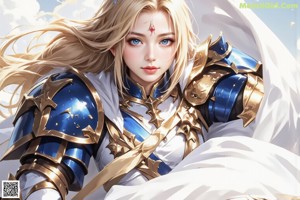A woman in armor holding a sword in front of a castle.