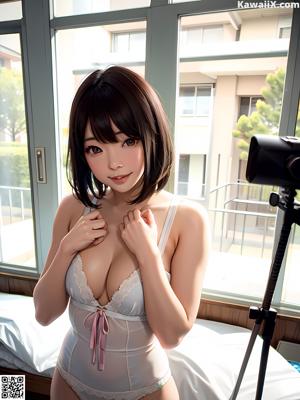 A woman in a white dress and pink cardigan posing for a picture.