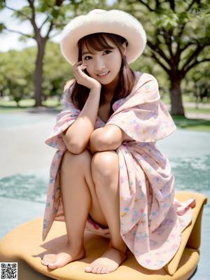 A woman in a white dress with pink flowers on it.