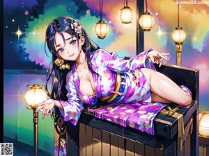 A woman in a white kimono sitting on a wooden bench.