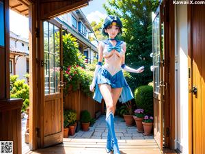 A woman in a sailor outfit sitting on a window sill.