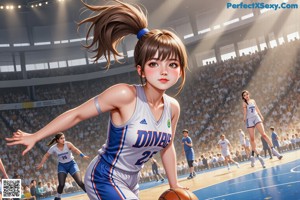 A woman in a blue and white uniform kneeling on a basketball court.