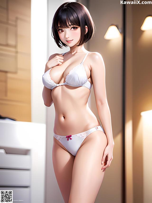 A woman in a white bikini standing in a bathroom.